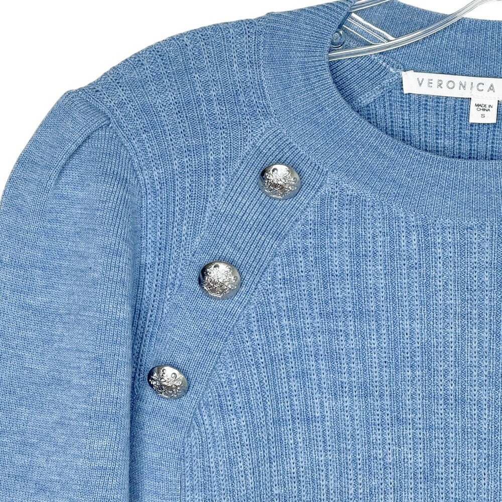 VERONICA BEARD Cornflower Blue Simi Wool Button-Shoulder Raglan Sweater - Picture 4 of 6
